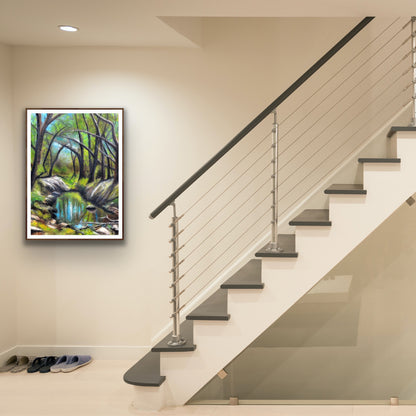 Everglades by Ludwina Orchard – framed soft pastel forest painting displayed on a wall at the foot of a modern staircase with cable railings