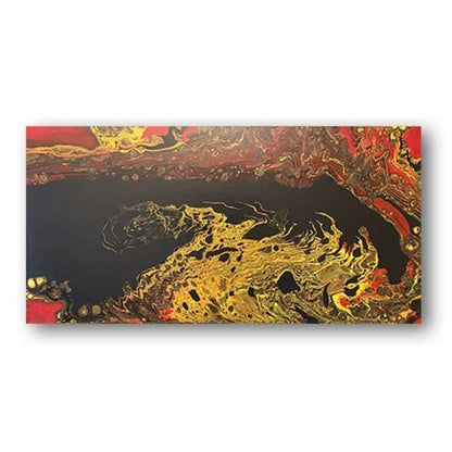 Firestorm by Ludwina Orchard – acrylic paint pour on canvas with dramatic reds, molten gold and deep black flowing forms