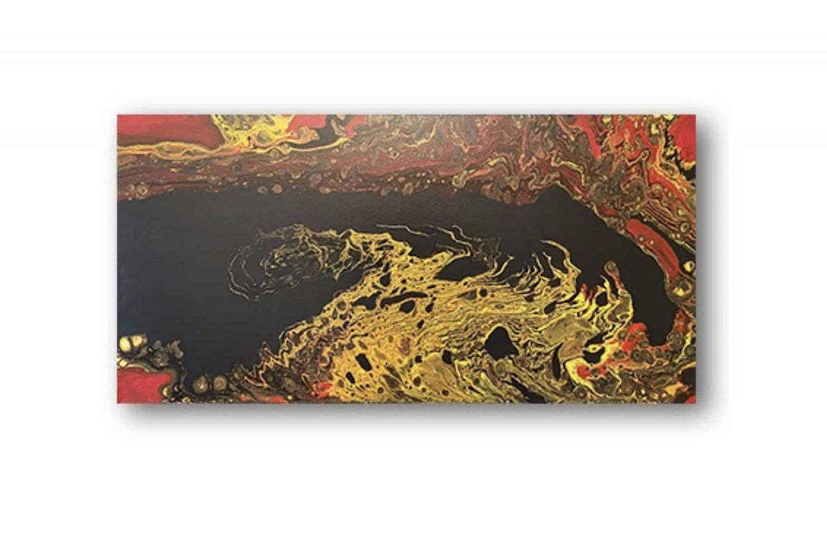 Firestorm by Ludwina Orchard – full view of the acrylic pour canvas on a white background showing red, gold and black flowing forms