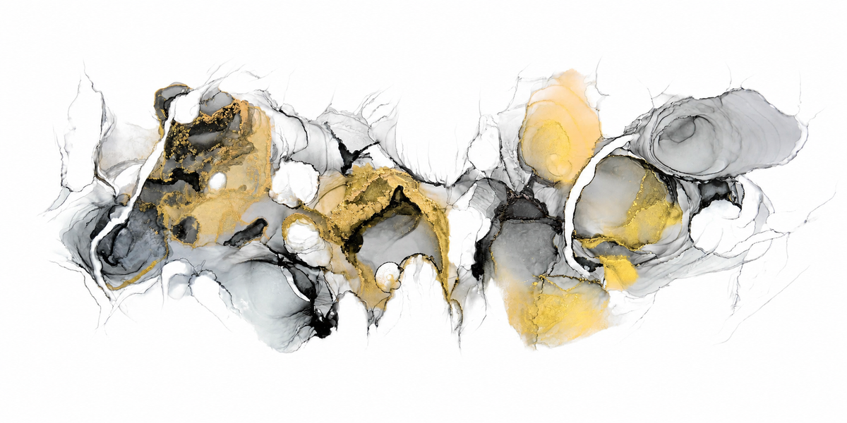 Golden Dreams by Ludwina Orchard – abstract alcohol ink painting with flowing gold, yellow, black and grey forms on white paper