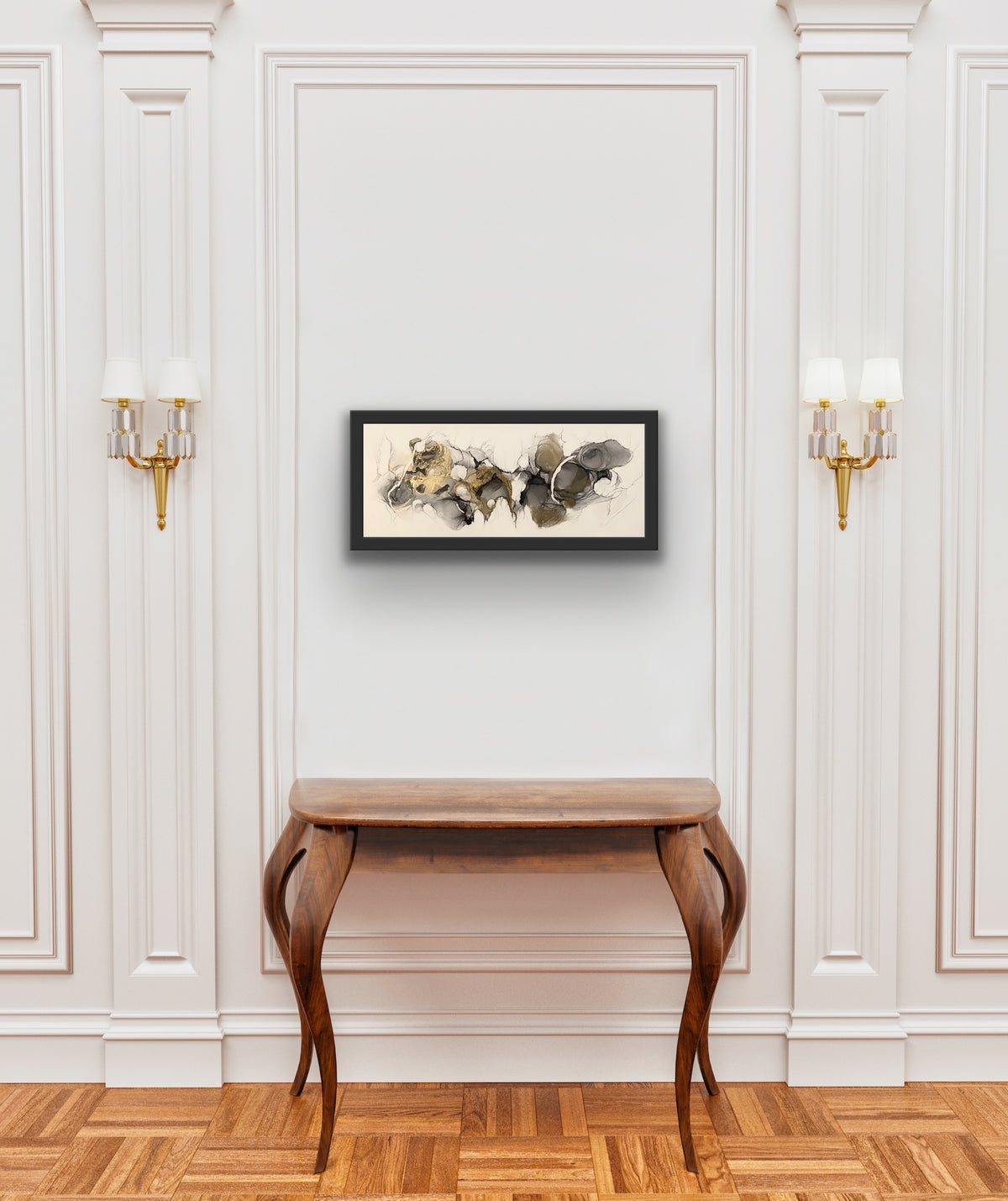 Golden Dreams by Ludwina Orchard – alcohol ink painting displayed above an ornate wooden console table in an elegant white room with decorative moulding and wall sconces