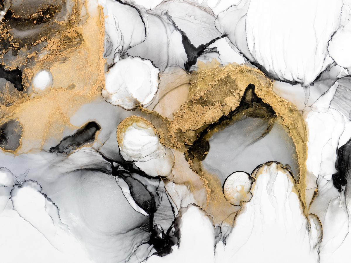 Golden Dreams by Ludwina Orchard – close-up detail of the alcohol ink painting showing fluid gold, black and white ink forms