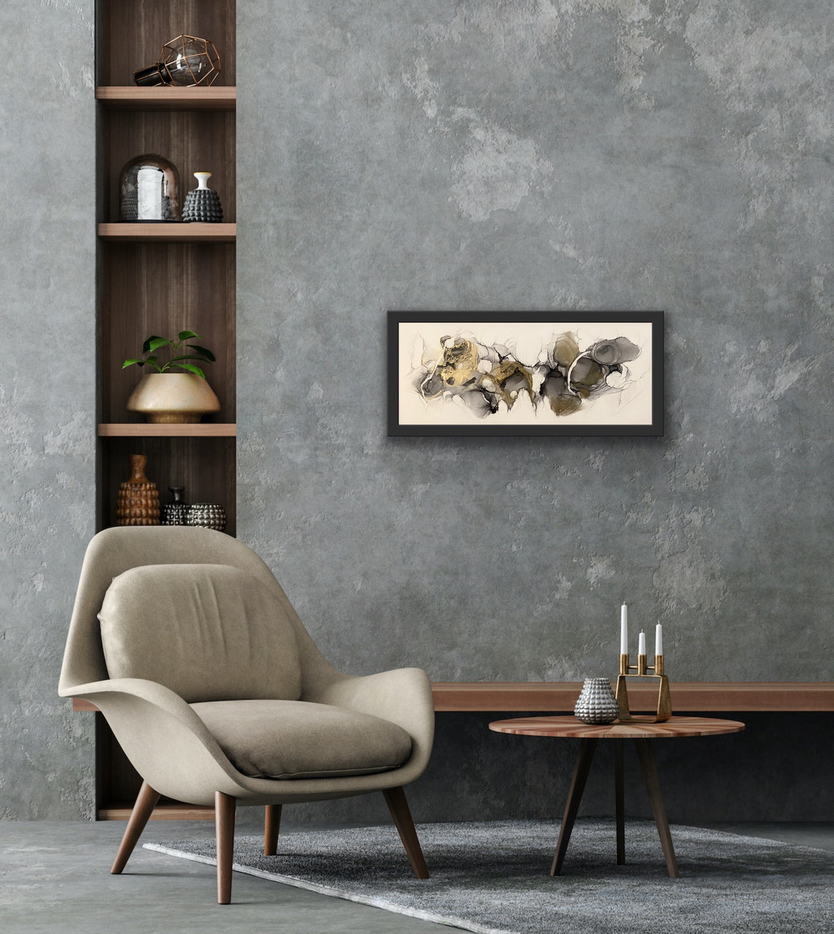 Golden Dreams by Ludwina Orchard – alcohol ink painting displayed in a modern living room with beige armchair and wooden shelving against a grey concrete wall