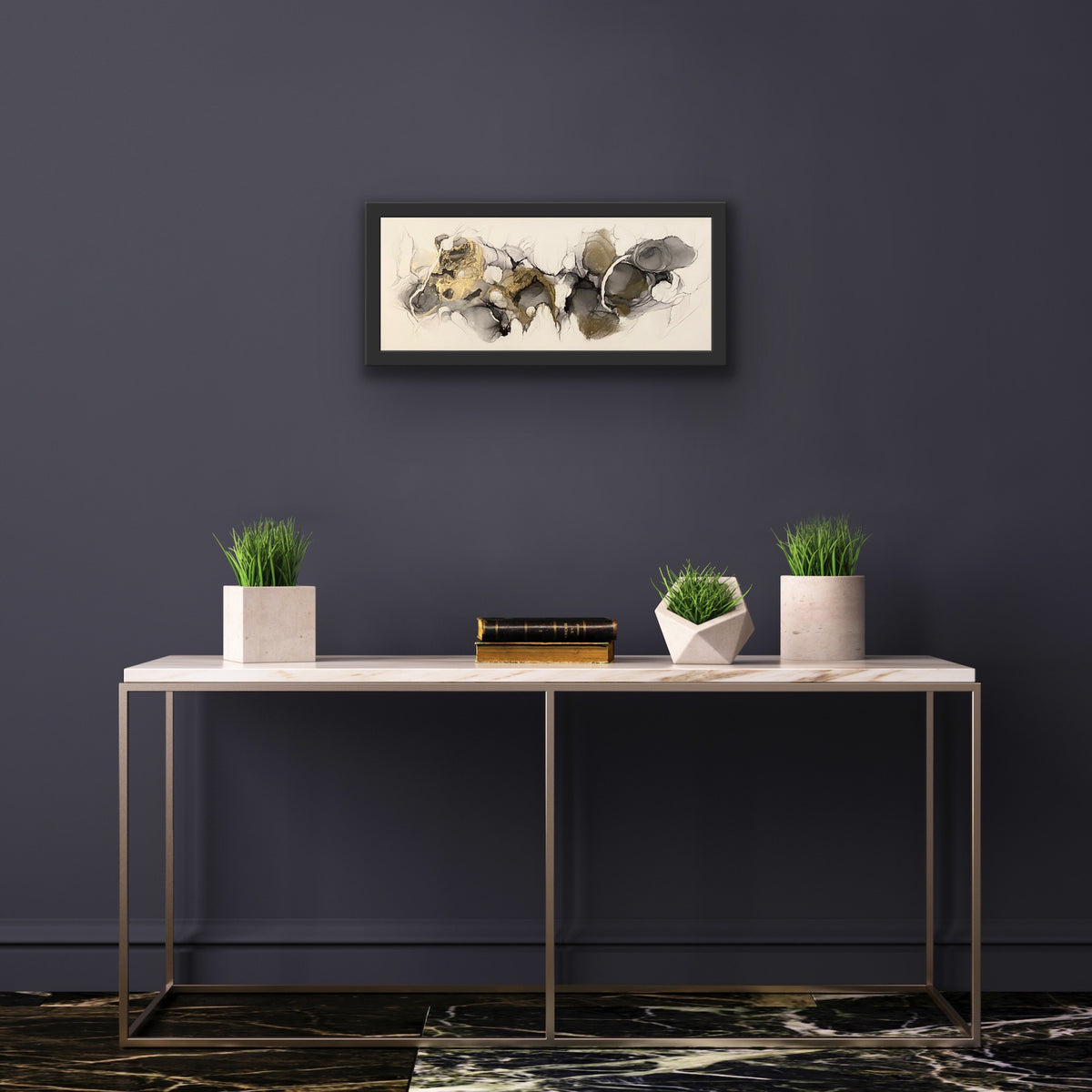 Golden Dreams by Ludwina Orchard – alcohol ink painting displayed above a modern console table with plants against a dark blue-grey wall
