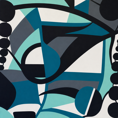 Lose Yourself by Ludwina Orchard – large-scale acrylic painting on canvas with bold geometric shapes in teal, navy, grey and white