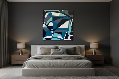 Lose Yourself by Ludwina Orchard – acrylic painting displayed in a modern bedroom with dark grey walls and wooden bedside tables