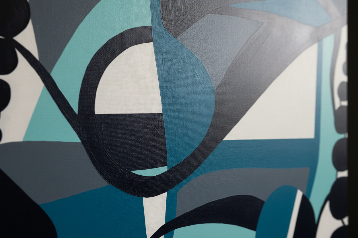 Lose Yourself by Ludwina Orchard – close-up detail of the acrylic painting showing bold geometric shapes and paint texture in teal, navy and white