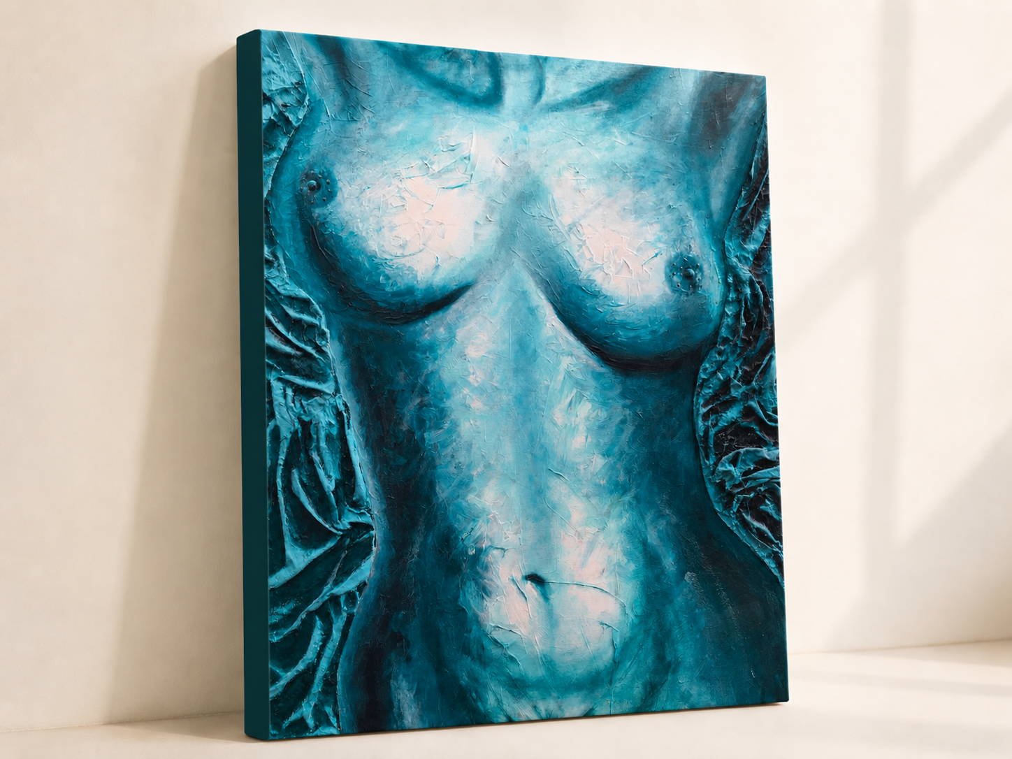 Lulu by Ludwina Orchard – product side view of original textured canvas showing the blue-turquoise female torso painting and the deep painted canvas wrap