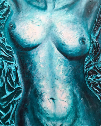 Lulu by Ludwina Orchard – original oil and texture painting of a liberated female torso in blue-turquoise tones with rich impasto brushwork, from the Scars of a Woman series