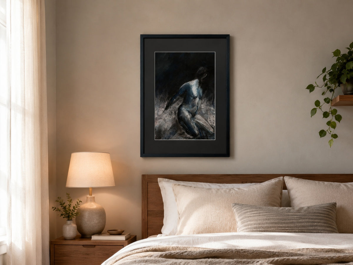 Silent Scars, in soft pastel, framed on wall in bedroom