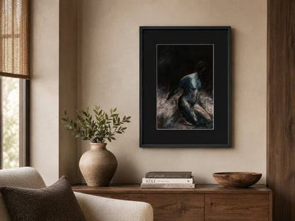 Silent Scars, original artwork in soft pastel, in black frame on wall in office