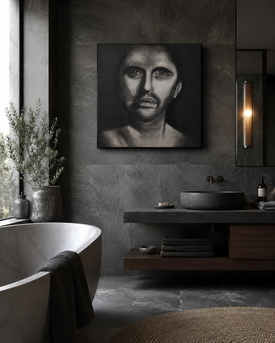 The Man Within by Ludwina Orchard – charcoal portrait displayed in a dark moody bathroom with dark stone walls and a freestanding bathtub
