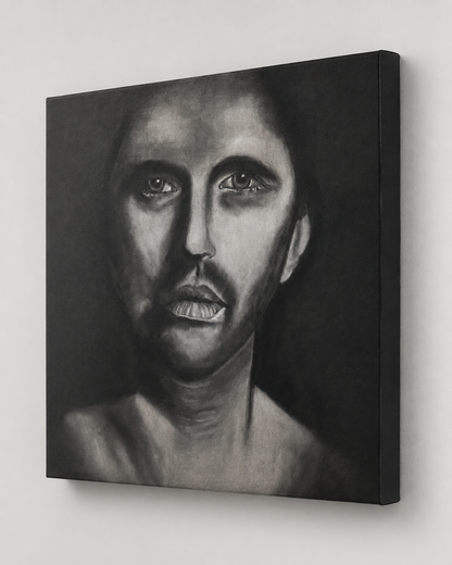 The Man Within by Ludwina Orchard – side view of the charcoal portrait on canvas showing the depth and texture of the artwork