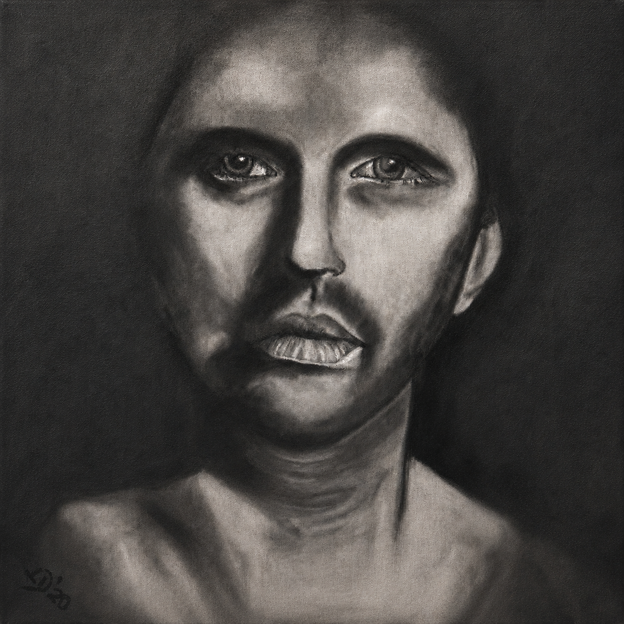 The Man Within by Ludwina Orchard – charcoal portrait painting of a man's face with intense eyes on dark background, charcoal on paper