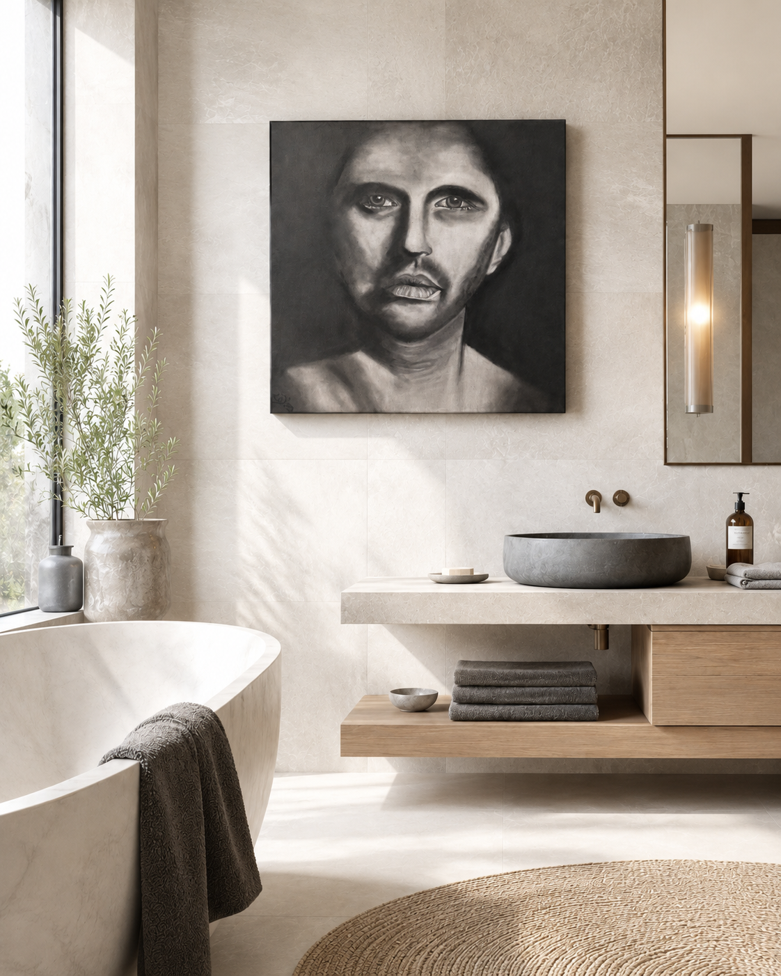 The Man Within by Ludwina Orchard – charcoal portrait displayed in a modern bathroom with natural stone walls, freestanding bathtub and round rug