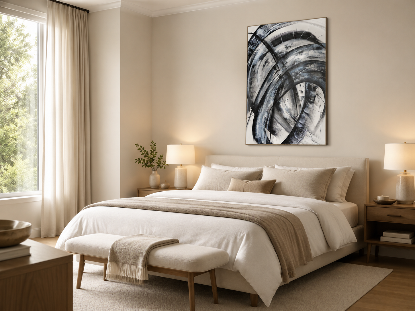 The Unspoken Change by Ludwina Orchard – black and white ink painting framed and displayed above a bed in a warm neutral bedroom