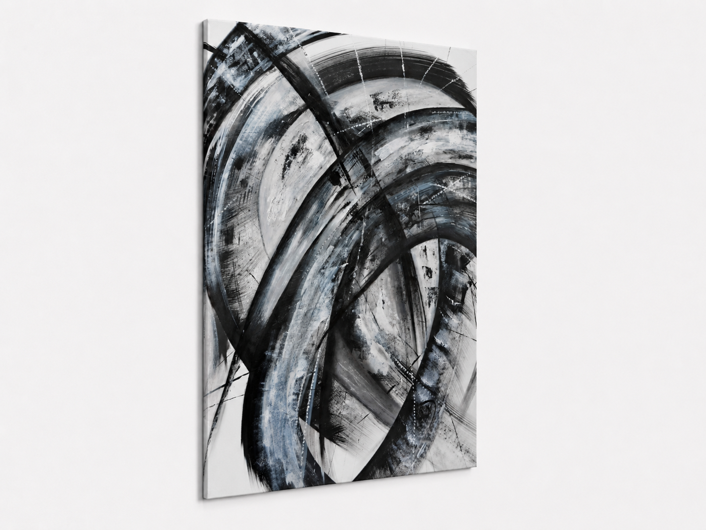 The Unspoken Change by Ludwina Orchard – side view of the canvas showing depth of the black and white ink painting