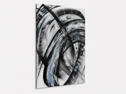 The Unspoken Change by Ludwina Orchard – side view of the canvas showing depth of the black and white ink painting