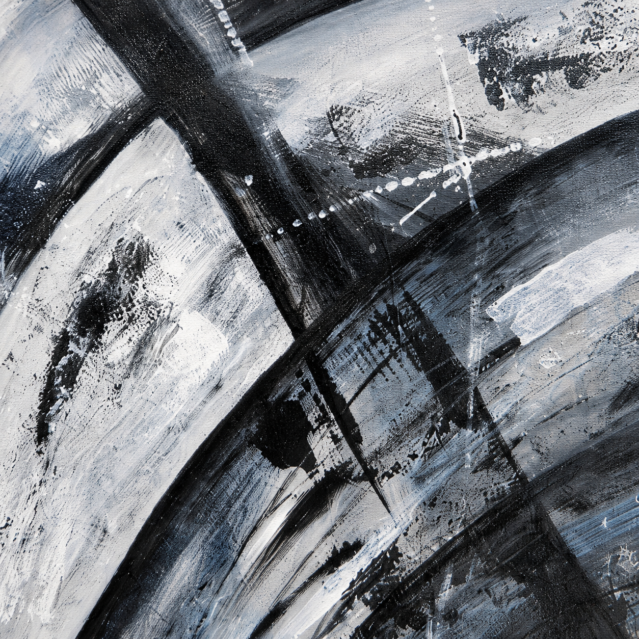 The Unspoken Change by Ludwina Orchard – close-up detail of the sweeping black and white ink brushstrokes on textured board