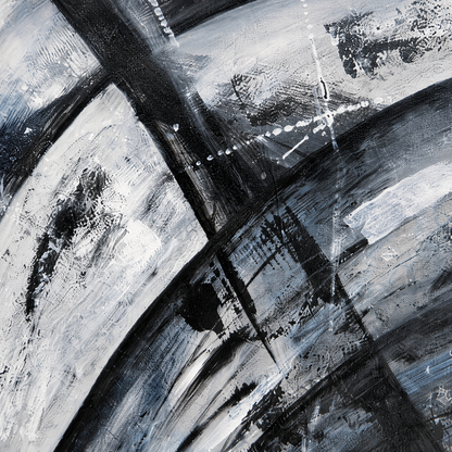 The Unspoken Change by Ludwina Orchard – close-up detail of the sweeping black and white ink brushstrokes on textured board