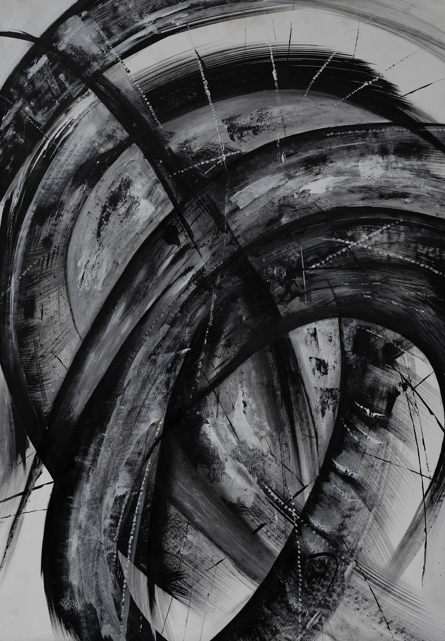 The Unspoken Change by Ludwina Orchard – acrylic and india ink on polypropylene mounted on board, featuring sweeping black and white circular brushstrokes