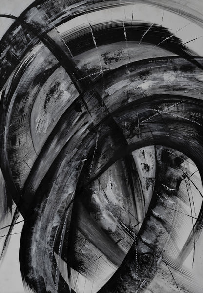 The Unspoken Change by Ludwina Orchard – acrylic and india ink on polypropylene mounted on board, featuring sweeping black and white circular brushstrokes