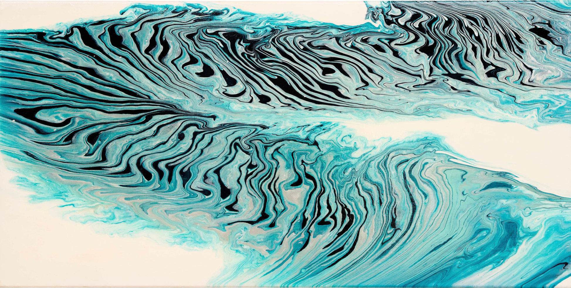 Tigerlily by Ludwina Orchard – acrylic paint pour on canvas with bold teal, blue, black and white swirling forms