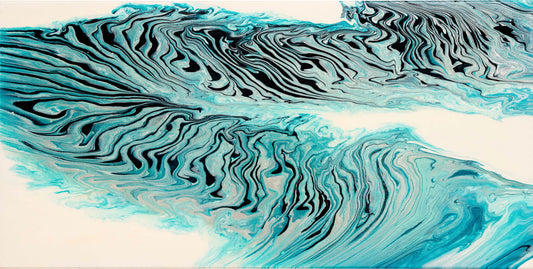 Tigerlily by Ludwina Orchard – acrylic paint pour on canvas with bold teal, blue, black and white swirling forms