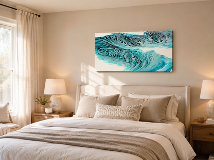 Tigerlily by Ludwina Orchard – acrylic pour painting displayed above a bed in a neutral-toned bedroom with linen bedding and bedside lamps