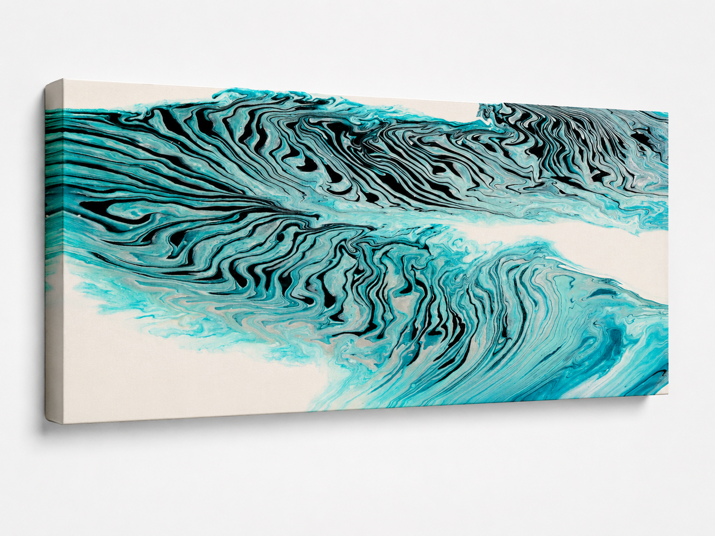 Tigerlily by Ludwina Orchard – side view of the acrylic pour canvas showing the gallery-wrapped edge and depth against a white background