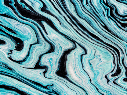 Tigerlily by Ludwina Orchard – close-up detail of the acrylic pour showing fluid teal, black and white marbled patterns