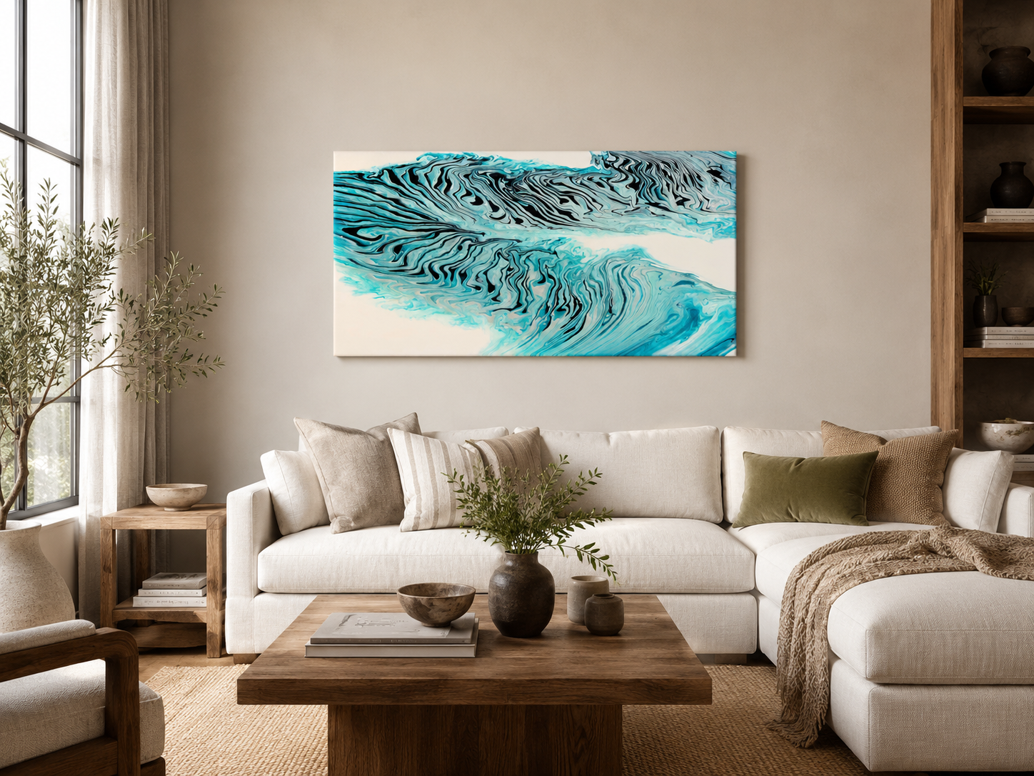 Tigerlily by Ludwina Orchard – acrylic pour painting displayed above a white sofa in a modern living room with a wooden coffee table and potted olive tree
