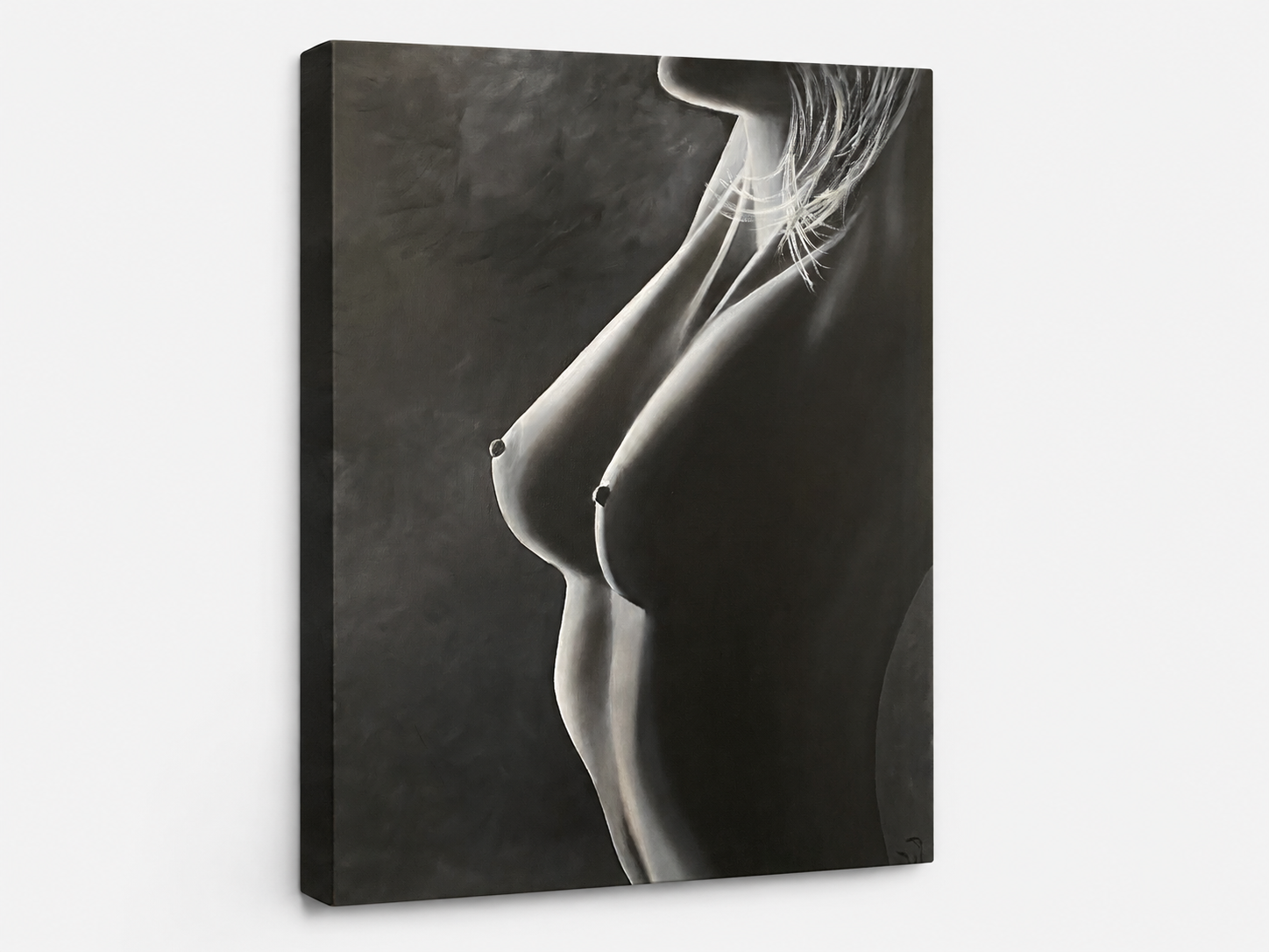 Unveiled by Ludwina Orchard – side view of the oil painting showing the canvas and depth of the monochromatic female figure artwork