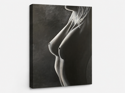 Unveiled by Ludwina Orchard – side view of the oil painting showing the canvas and depth of the monochromatic female figure artwork