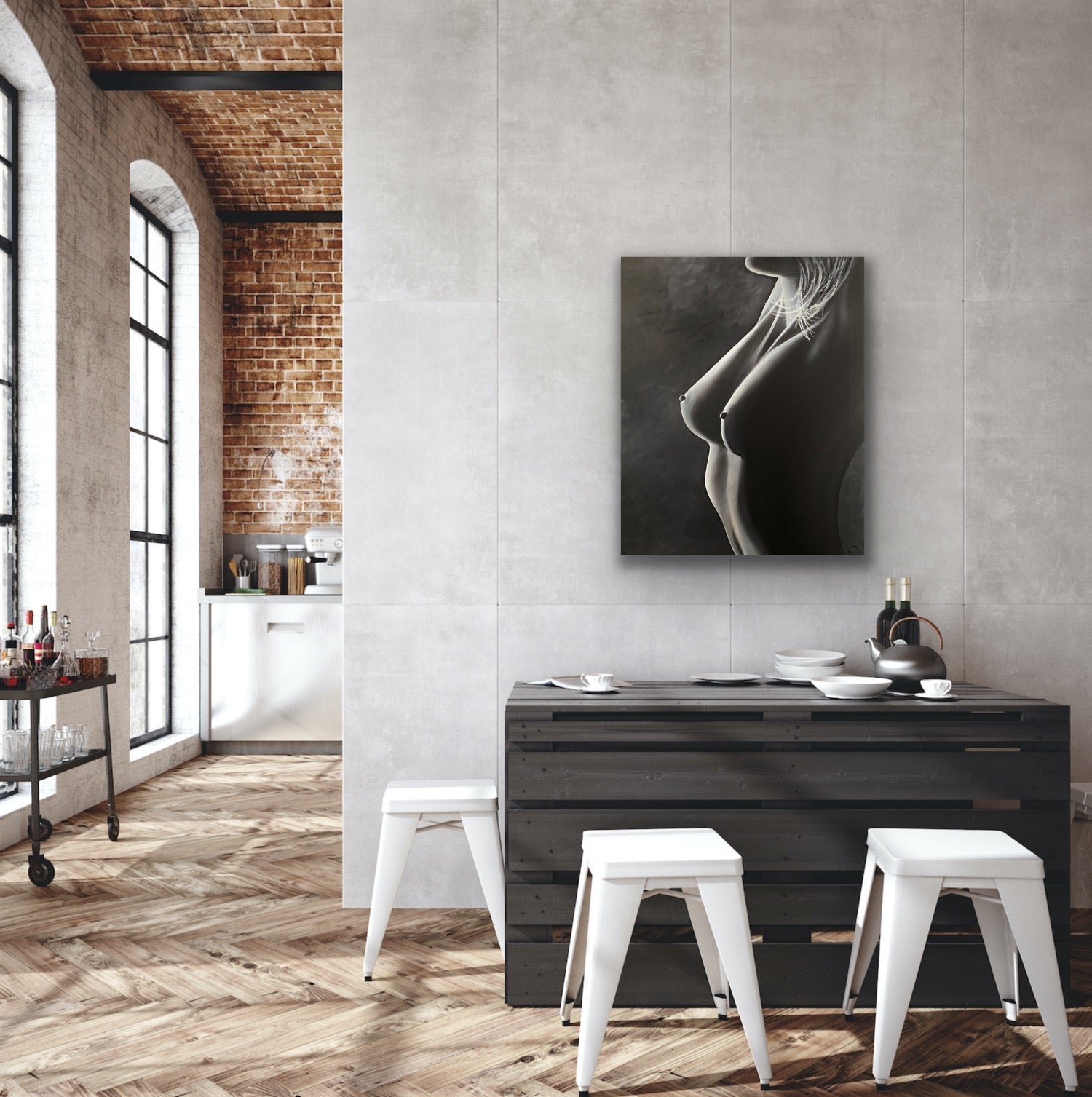 Unveiled by Ludwina Orchard – oil painting displayed in an industrial loft-style dining area with exposed brick, dark wooden table and white stools