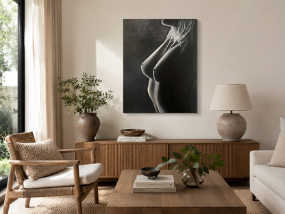 Unveiled by Ludwina Orchard – oil painting displayed in a natural living room with rattan chair, wooden sideboard and coffee table