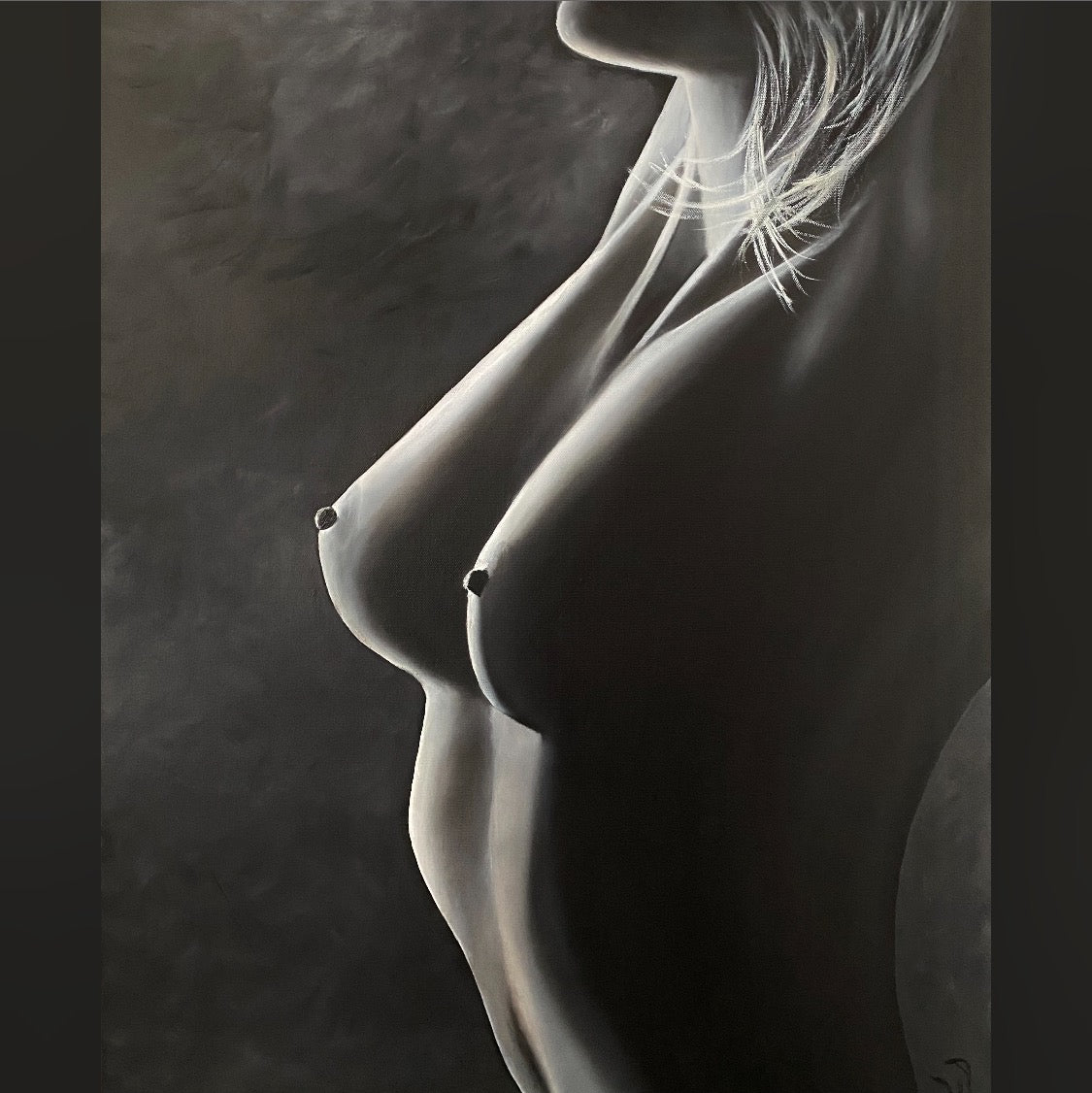 Unveiled by Ludwina Orchard – monochromatic oil painting of a woman's nude torso, celebrating the female form in soft grey tones