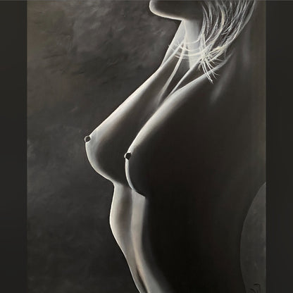 Unveiled by Ludwina Orchard – monochromatic oil painting of a woman's nude torso, celebrating the female form in soft grey tones