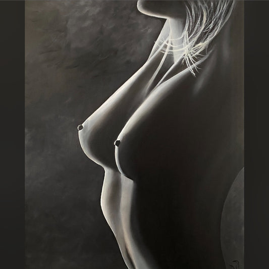 Unveiled by Ludwina Orchard – monochromatic oil painting of a woman's nude torso, celebrating the female form in soft grey tones