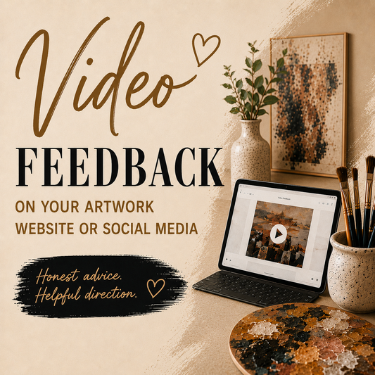 Video Feedback on Your Artwork, Website or Social Media with Ludwina Orchard – promotional image showing a tablet with video playback, paintbrushes, art supplies and artwork in a studio setting
