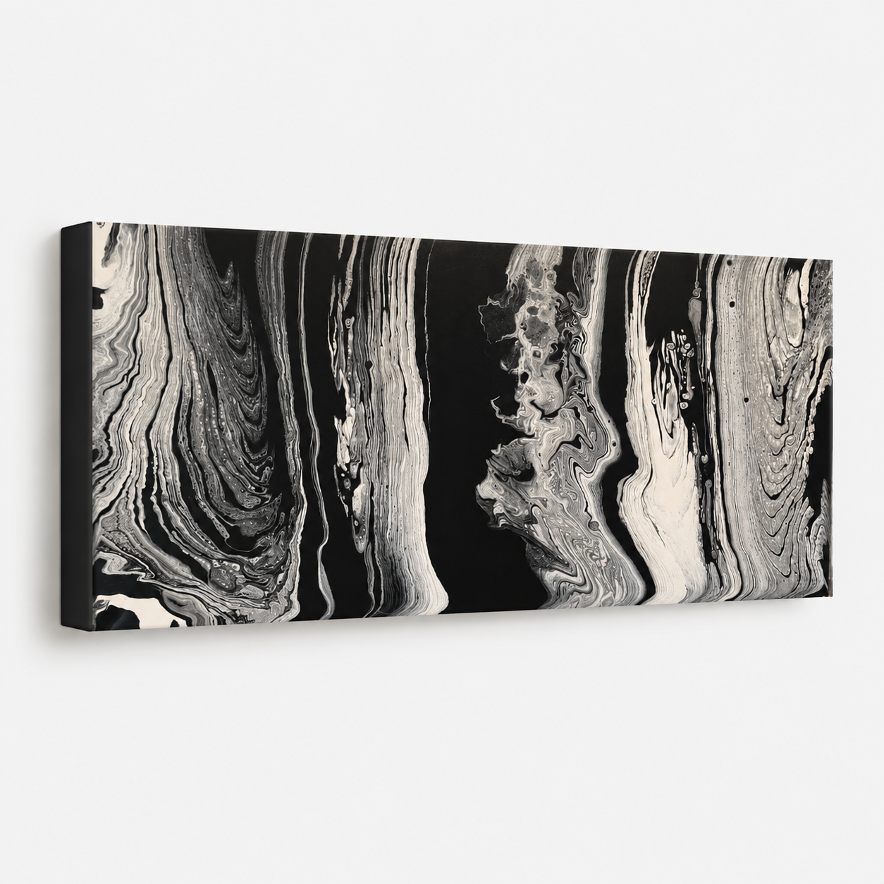 Wisdom by Ludwina Orchard – side view of the canvas showing depth of the black, white and grey ring-poured acrylic painting