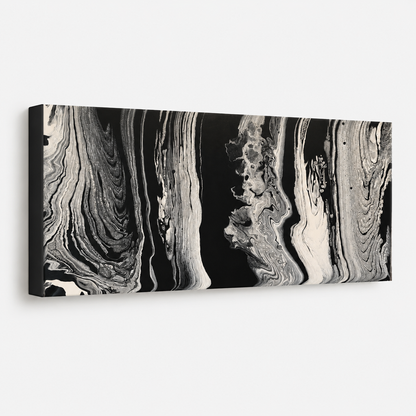 Wisdom by Ludwina Orchard – side view of the canvas showing depth of the black, white and grey ring-poured acrylic painting