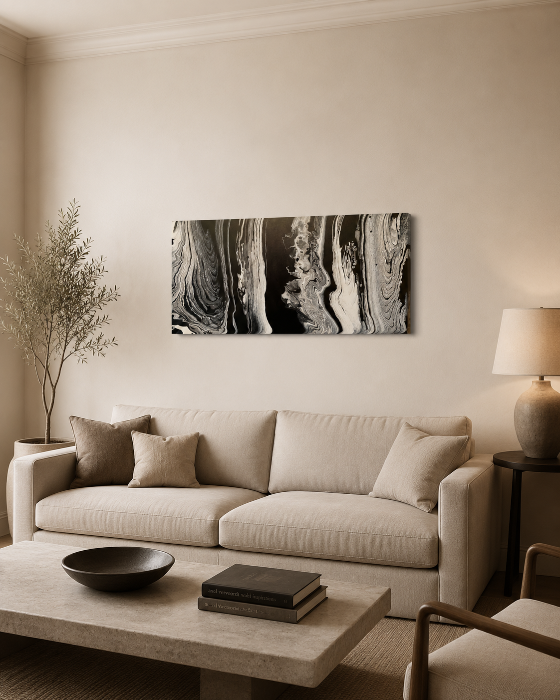 Wisdom by Ludwina Orchard – ring-poured acrylic painting displayed above a beige sofa in a warm modern living room