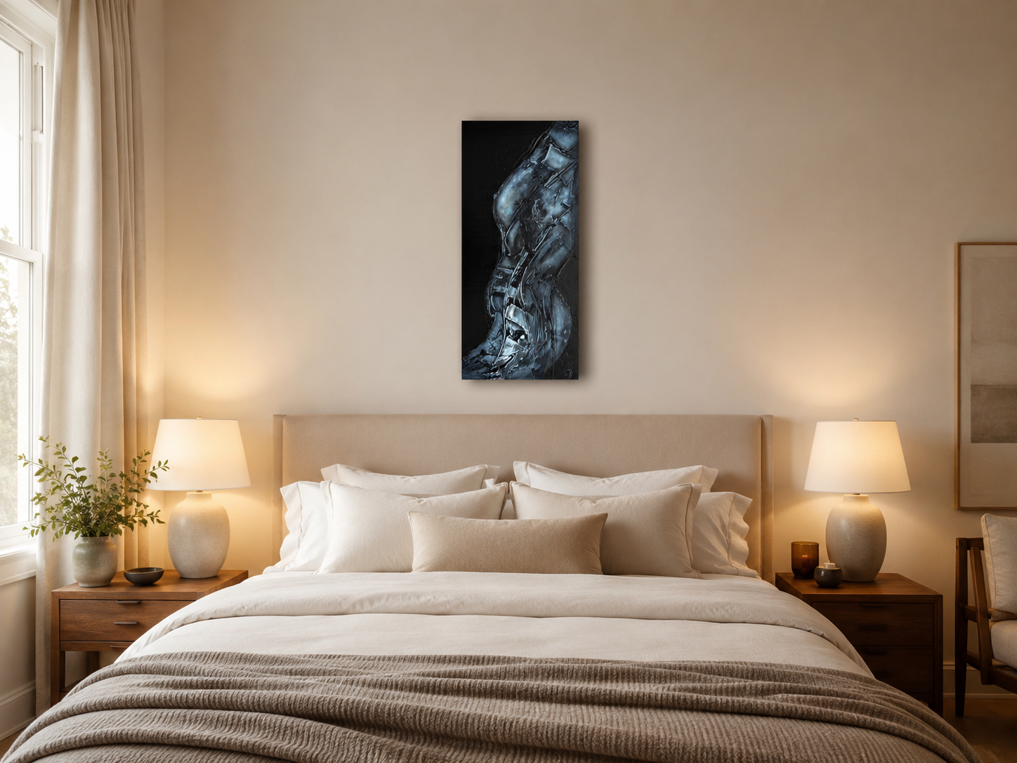 Xray of a Woman by Ludwina Orchard – artwork displayed in a warm cream bedroom with wooden bedside tables, ceramic lamps and white linen bedding