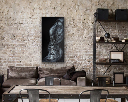 Xray of a Woman by Ludwina Orchard – artwork displayed in an industrial loft dining room with exposed brick wall, leather sofa and metal shelving