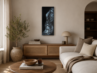 Xray of a Woman by Ludwina Orchard – artwork displayed in a warm neutral living room with cane sideboard, olive tree and round coffee table