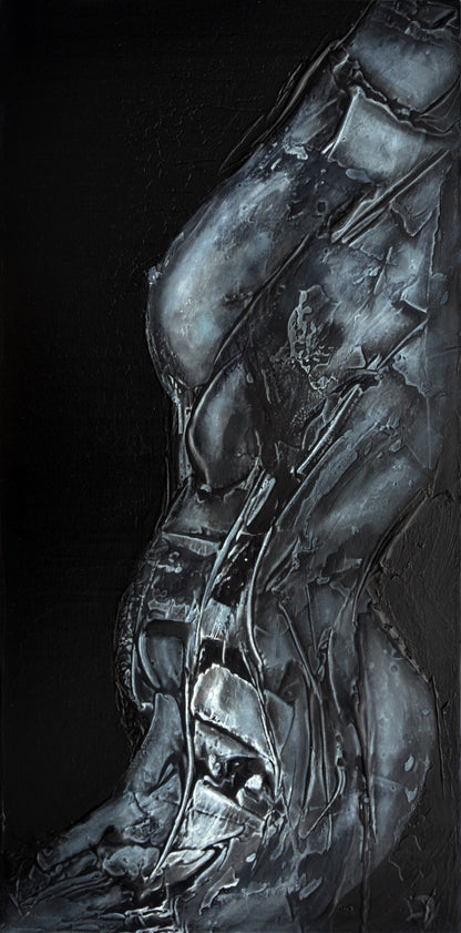 Xray of a Woman by Ludwina Orchard – acrylic, alcohol ink and texture paste artwork depicting a woman's inner form in silver and grey on dark background
